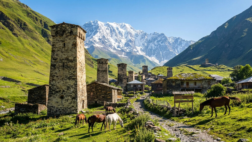 Fotorealistyczna scena z wioski Ushguli z kamiennymi wieżami, górami i koni na tle dzikiej wysokogórskiej scenerii.