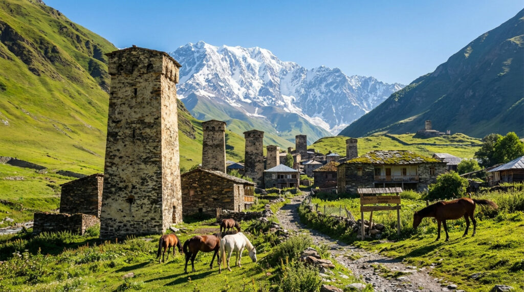 Fotorealistyczna scena z wioski Ushguli z kamiennymi wieżami, górami i koni na tle dzikiej wysokogórskiej scenerii.